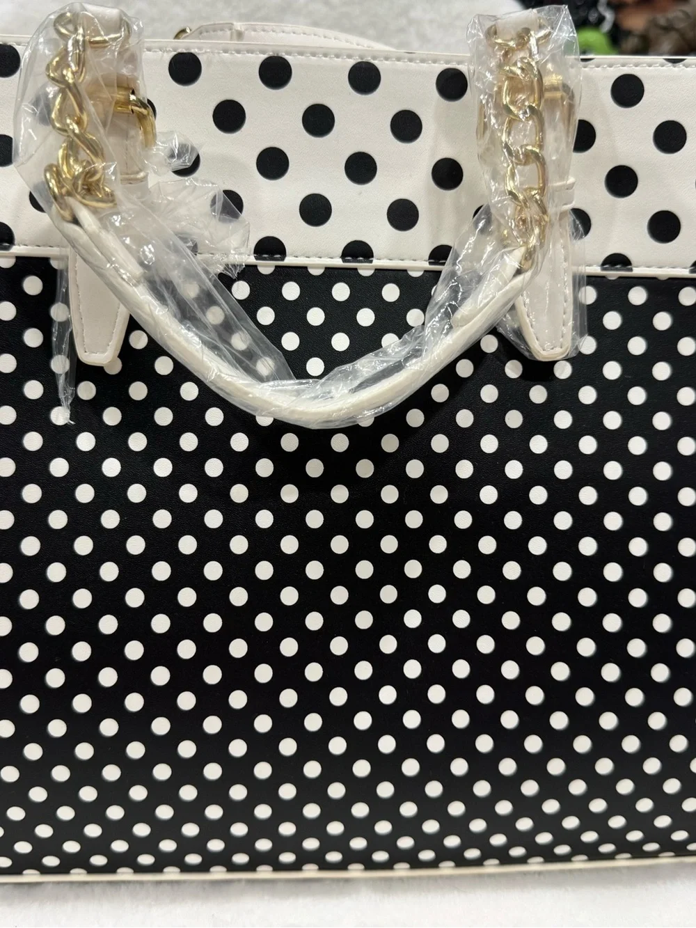 Betsey Johnson Black & White Polka Dot Satchel with Pink Heart Charm